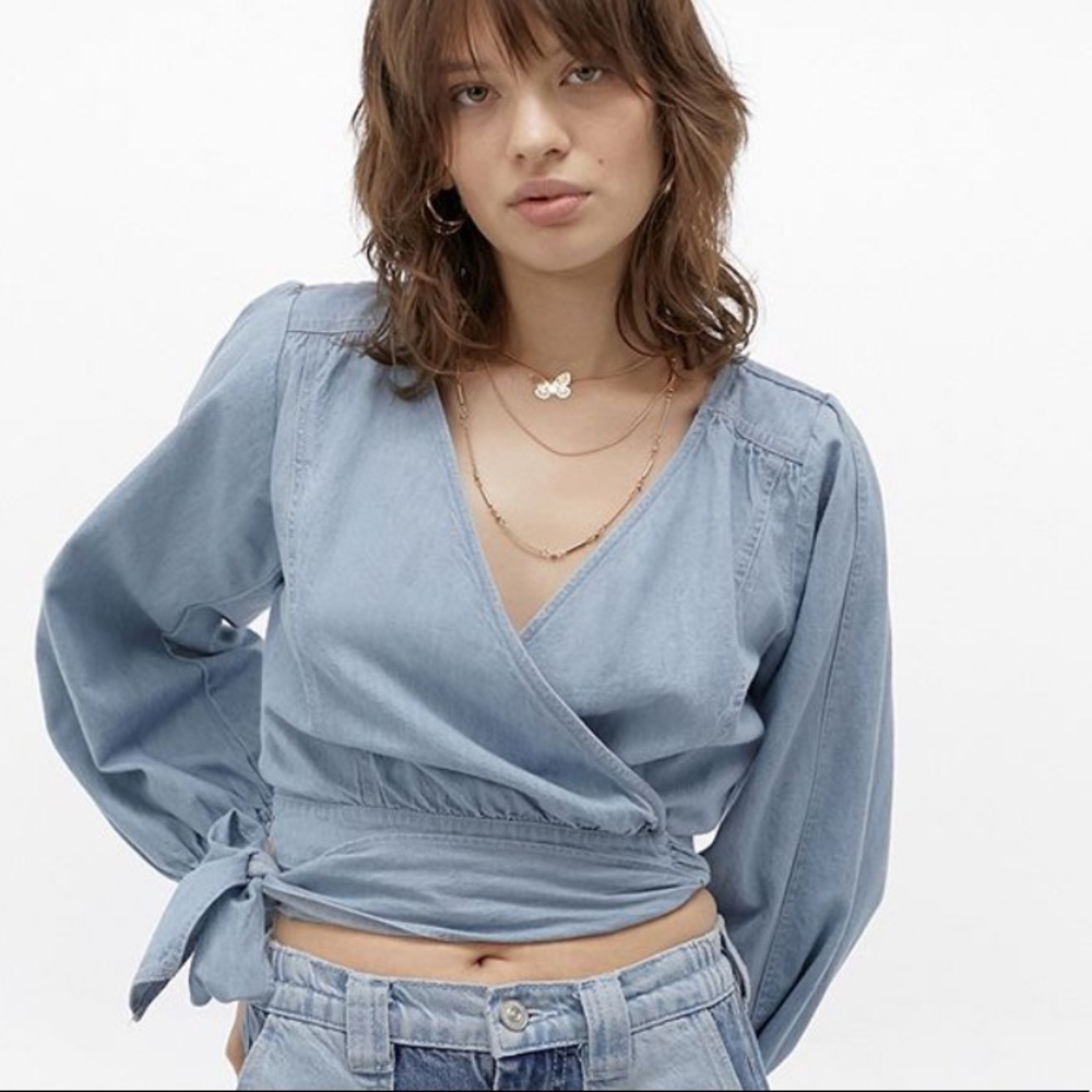 FREE PEOPLE Sophie Denim Wrap Crop Top Size L